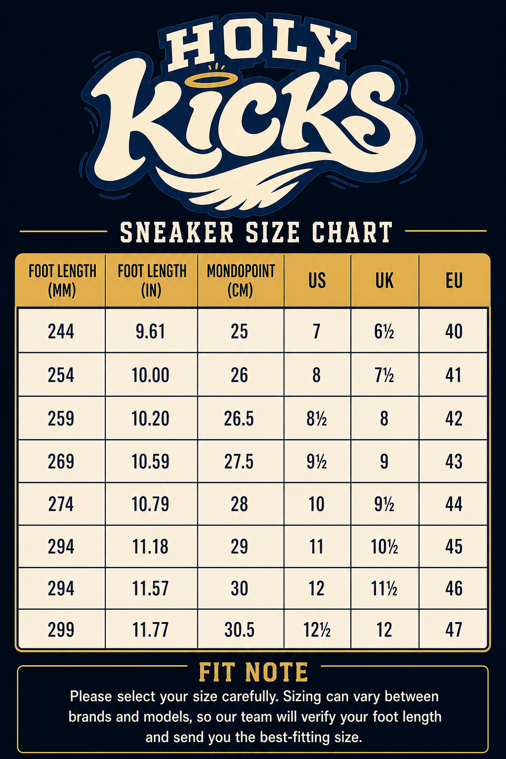 HOLY KICKS sneaker size chart with foot length and US, UK, and EU size conversions